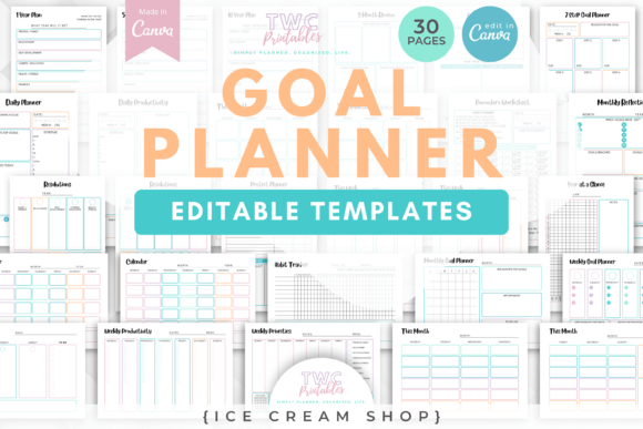 Goal Planner Canva Templates | ICE CREAM: A Sweet Approach to Productivity